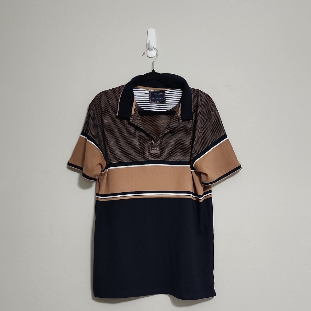 Men's Denim & Flower Dark Navy Blue Tan White Polo Shirt Size Large 100% Cotton